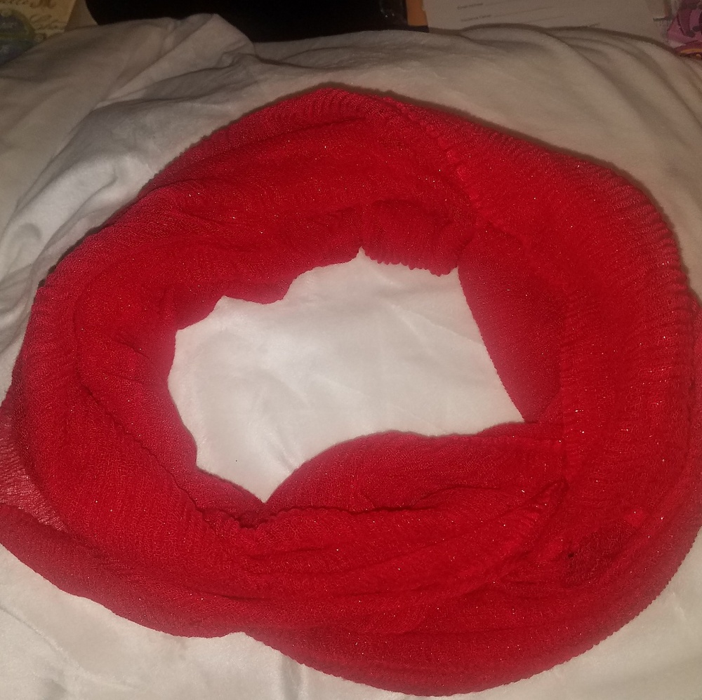Red shimmery infinity loop scarf